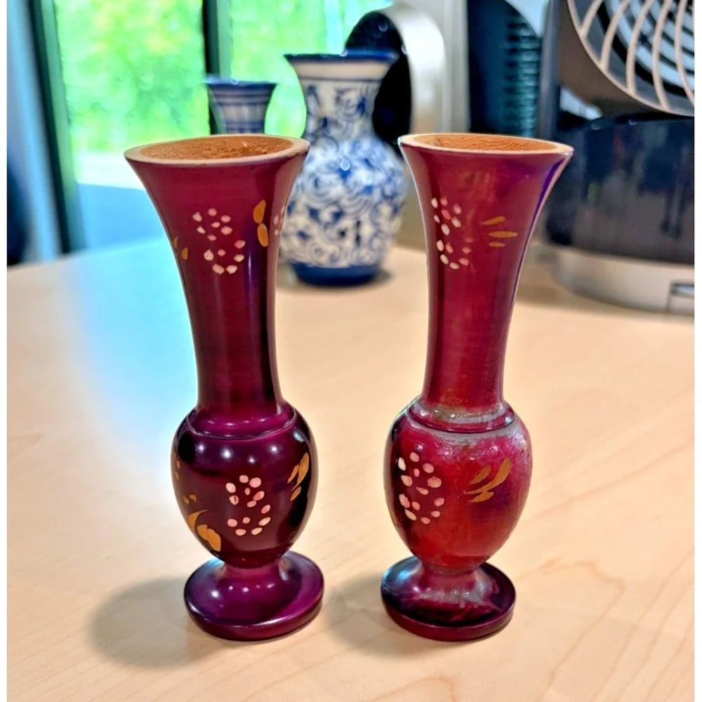 Vintage Pair Hand Painted Wooden Bud Vases Burgundy Floral Decorative Folk Art